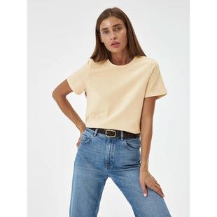 Women cotton T-shirt 欧美纯色棉质圆领短袖百搭休闲宽松T恤女