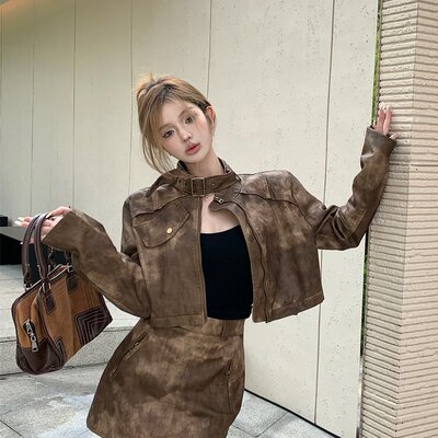 实价实拍 休闲时尚气质显瘦晕染复古长袖PU皮短外套+高腰半身裙