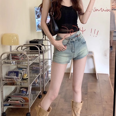 不规则高腰牛仔裤女夏季复古做旧浅色超短裤小个子直筒裤紧身热裤