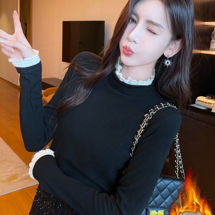 已出货百搭立领花边袖打底衫女秋冬新款修身显瘦内搭长袖t恤绒衫
