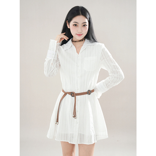 白色长袖衬衫连衣裙女初春法式气质甜美学院风Polo领a字短裙子