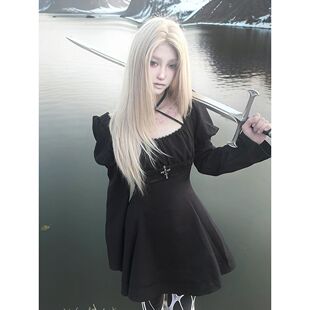 十字夜宴 秋季新款哥特风黑色蕾丝泡泡长袖系带收腰设计感连衣裙