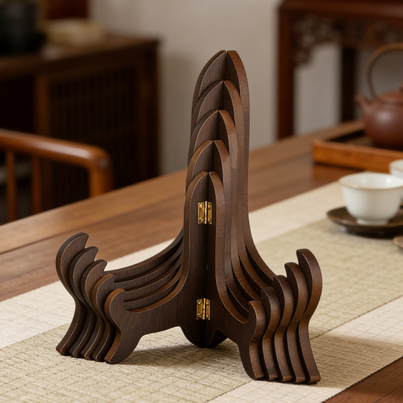 鸡翅木纹茶饼架托普洱茶架子可折叠盘子托架茶道配件茶架实木支架