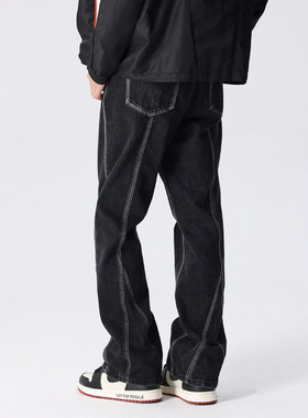 新因素美式高街黑色覆古牛仔裤男款微喇宽松休闲 设计潮牌vibe长