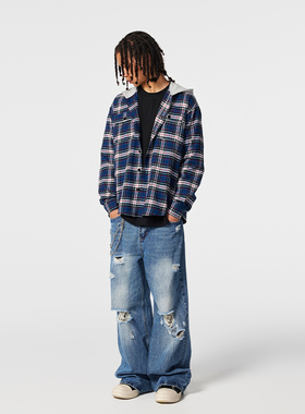 【Achock官方店】街头撞色蓝色格纹连帽长袖衬衫美式复古休闲外套