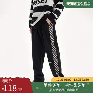 PASET裤子男秋冬款潮流棋盘格侧边格子串标运动直筒裤丁程鑫同款