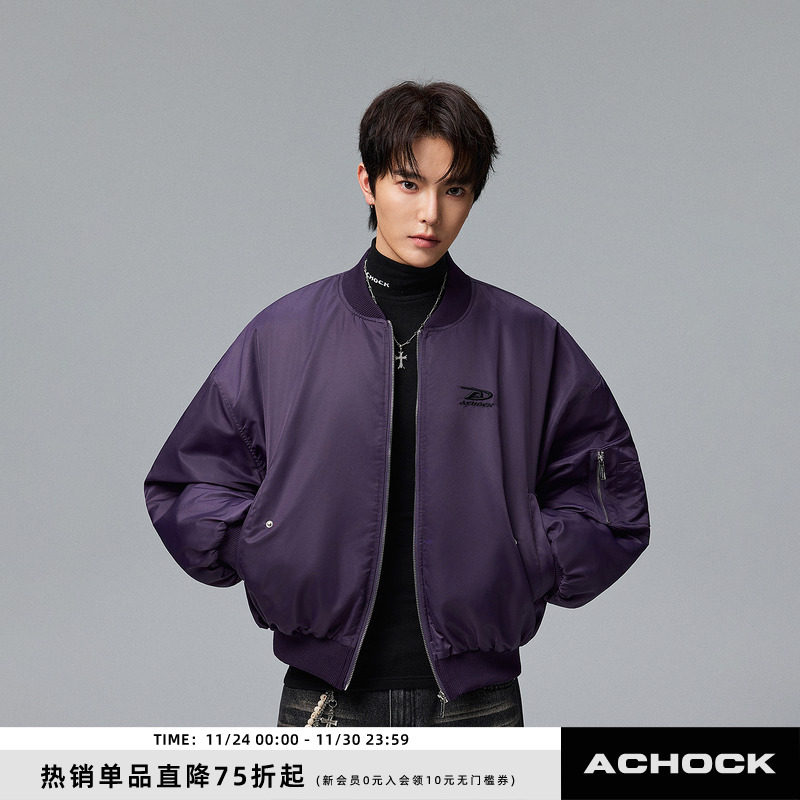 【Achock官方店】街头秋冬痞帅飞行员夹克棉服外套光泽感棒球服男图片