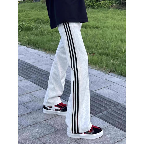 SWAG美式三条杠卫裤男款夏季重磅条纹弯刀微喇叭裤子