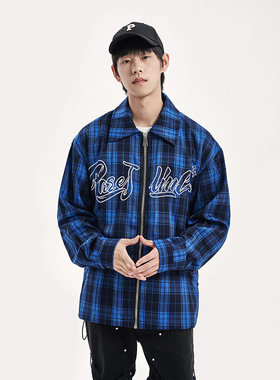 PASET潮牌美式街头蓝色格子外套男夹克秋嘻哈复古刺绣情侣装上衣