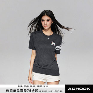 【Achock官方店】经典杠条小羊圆领T恤新款弹力透气针织衫短袖女