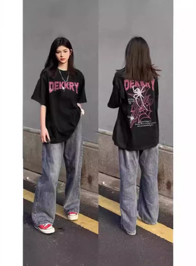 SWAG美式高街蜘蛛印花短袖t恤男女夏季宽松休闲学生圆领纯棉上衣