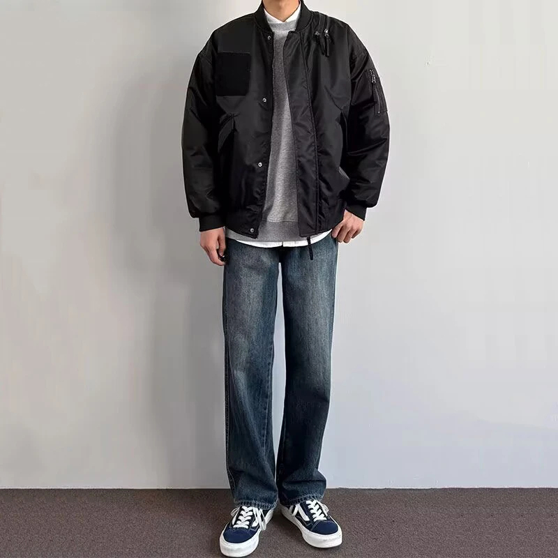 美式vibe提档版型裤子深蓝色牛仔裤男款春秋宽松修身直筒微喇长裤