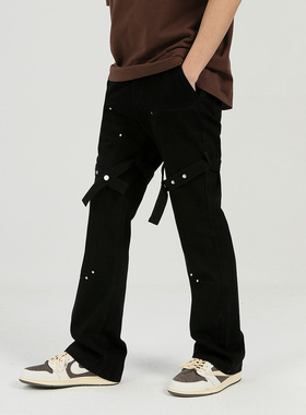 PASET潮流工装复古绑带设计微喇叭机能美式黑色牛仔裤男高街裤子