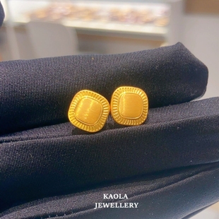 流金岁月复古小面包耳钉 女vintage风纯银镀黄金色方牌耳环礼物潮