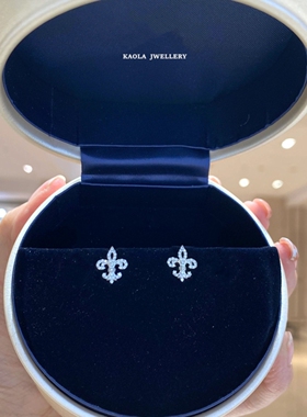 LS王后鸢尾花耳钉女轻奢小众18.K纯银镀黄金色皇冠耳环莫桑石时尚