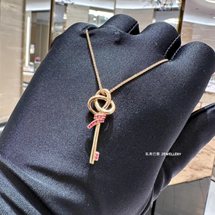 18K.金绳结钥匙项链玫瑰金粉钻中国结毛衣链纯银钻石打结礼物男女