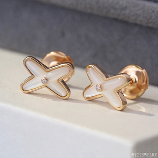Liens缘系一生交叉白贝母耳钉女玫瑰金字母X型耳环耳饰纯银潮