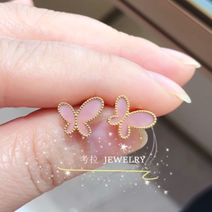 19716无敌蝴蝶耳钉女22K金钻石孔雀石白贝母红玉髓纯银镀黄金色潮