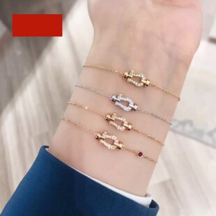 18K金马蹄扣手链 女纯银半钻红宝石手环手饰玫瑰金高级感潮