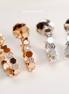 蜂巢半钻小耳圈耳环女镀18K.金小众设计感几何菱形蜂窝耳钉礼物潮