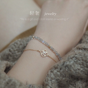 法式复古镶钻幸运草手链女纯银黄金色镂空蕾丝四叶草手环时尚学生