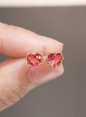 韩国Lloyd红爱心耳钉女纯银镀玫瑰金粉宝石心形耳环耳饰小红心潮