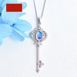 18K白金蓝月光石钥匙项链 女纯银斯里兰卡单颗锁骨链轻奢潮