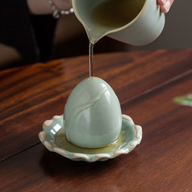汝窑茶宠茶玩荷叶蛋开片汝瓷可养茶道配件创意茶台茶艺趣味小摆件
