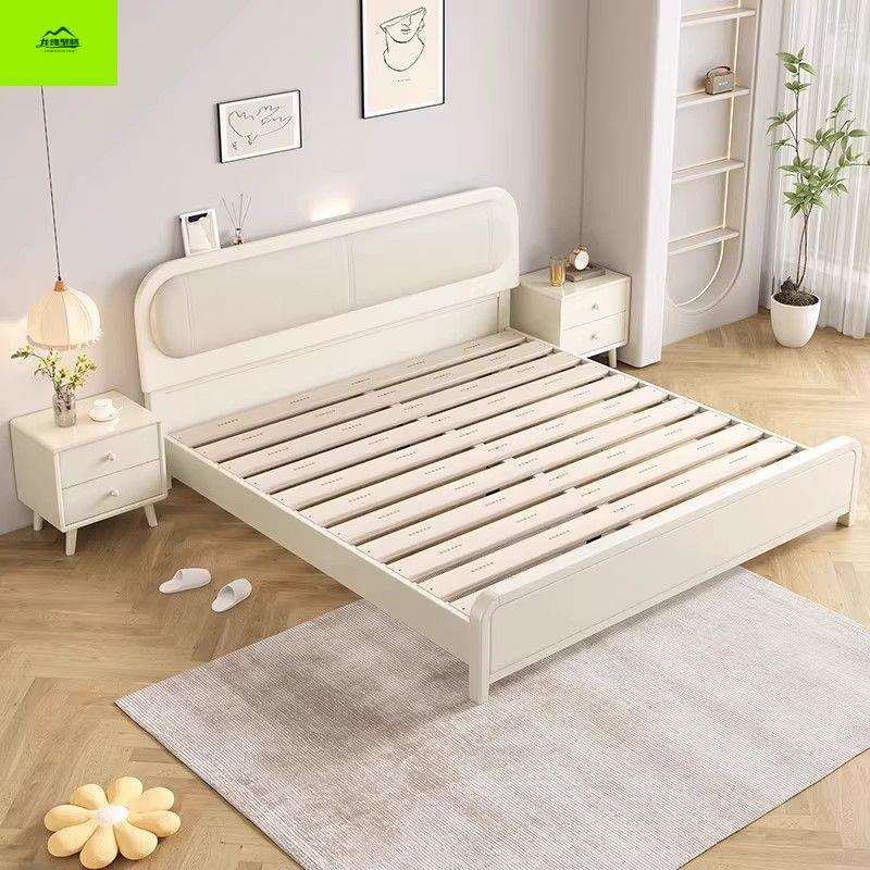 奶油实木白色木床主卧双人床现代简约小户型轻奢储物床