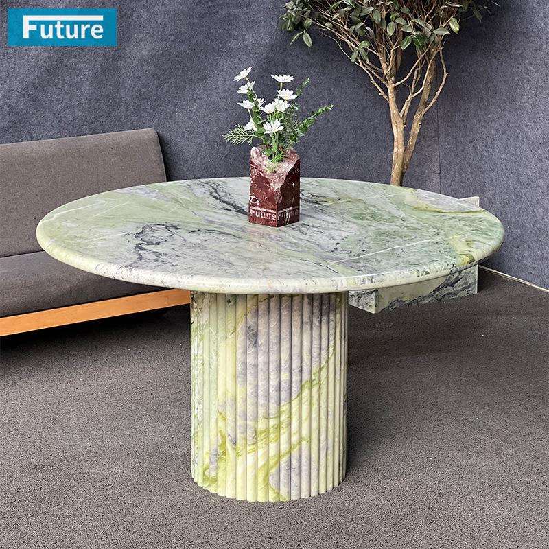 简约轻奢天然绿色大理石圆形餐桌家用现代罗马柱饭桌圆桌餐台饭台