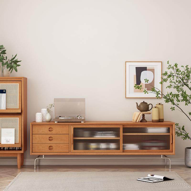 严选中古不锈钢视听柜北欧实木电视柜小户型樱桃木玻璃储物柜子