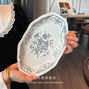 家用陶瓷点心盘蒸鱼盘子中古蓝花高颜值蛋糕盘菜盘餐盘椭圆盘子