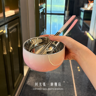 粉色娇嫩 适合你用～渐变粉色饭碗家用304不锈钢个人一碗一筷一勺