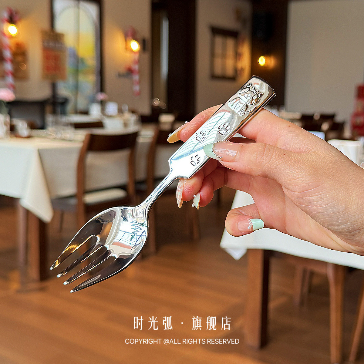 食品级1810不锈钢招财猫儿童餐叉图片