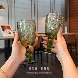 出德国｜复古绿浮雕玻璃杯｜高脚杯果汁杯家用葡萄红酒杯香槟杯子
