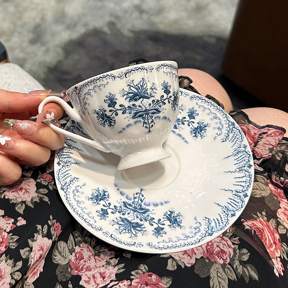 法式复古盘子咖啡杯碟蓝白碎花