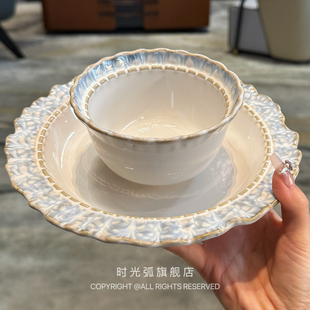 法式烟蓝花边陶瓷餐具套装釉下彩家用盘子米饭碗北欧简约早餐碗