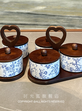 *老板娘自用*复古蓝色花卉陶瓷托盘分格点心茶点带盖零食客厅摆盘