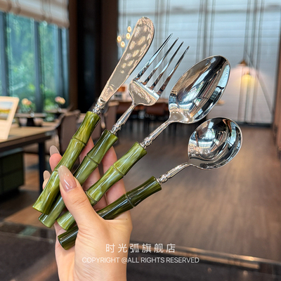 *老板娘自留*意大利Rivadossi橄榄绿竹节刀叉勺西餐套装304不锈钢