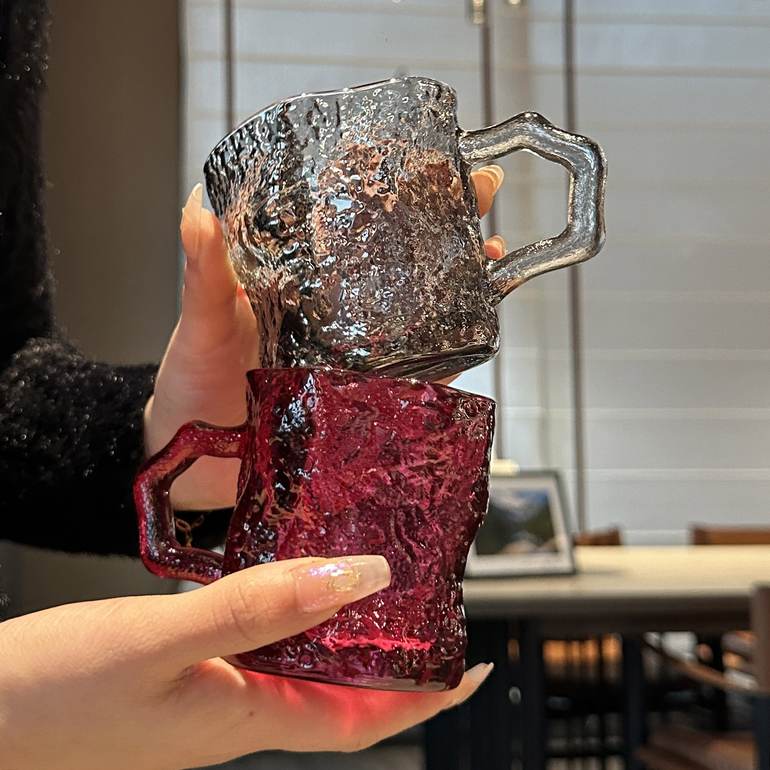 *老板娘自留款漂亮*ins风玫红带把冰川玻璃杯饮料杯咖啡杯冷饮杯,餐饮具,玻璃杯,淘宝优惠券,粉丝福利购,淘宝优惠卷