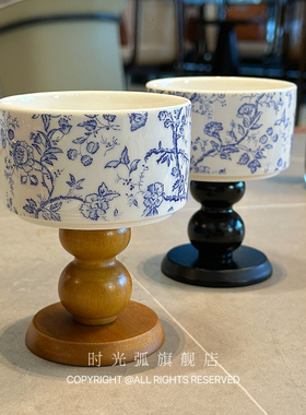 法式青花高脚碗摆件 ins高颜值饰品收纳碗 木质甜品碗拍照装饰道