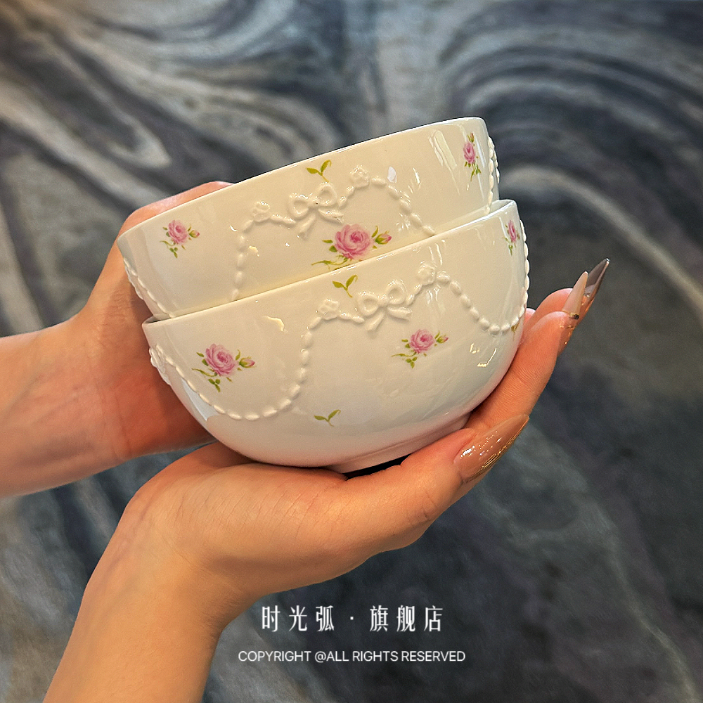 玫瑰蝴蝶结陶瓷米饭碗面碗