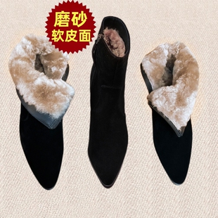 粗跟短靴女尖头高跟瘦瘦靴2025新款秋冬侧拉链中筒短靴百搭靴子女