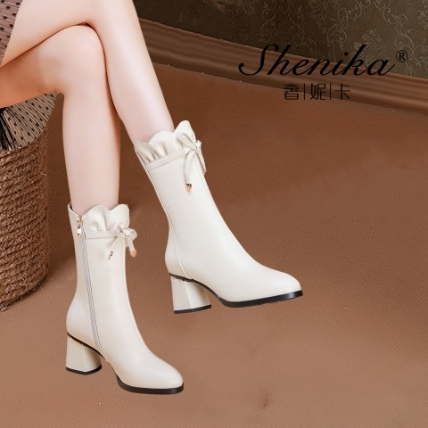 奢妮卡欧美时装靴粗跟真皮高跟鞋