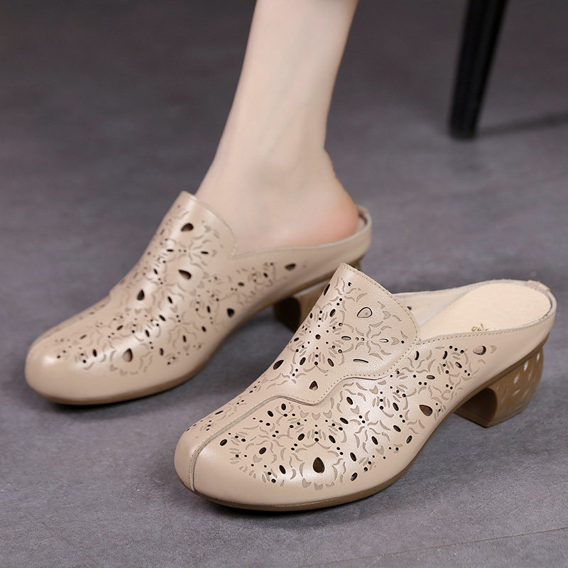 品牌中年妈妈包头拖鞋女头层牛皮民族风中跟夏季新款真皮舒适外穿