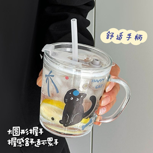 ins风大容量玻璃杯女生高颜值水杯家用带盖带把手吸管杯子耐高温