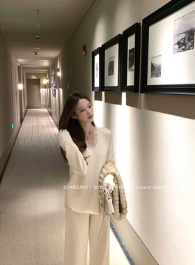 COOLLINE林子熙 偏爱soft 温柔蕾丝拼接针织套装高腰垂感显瘦长裤