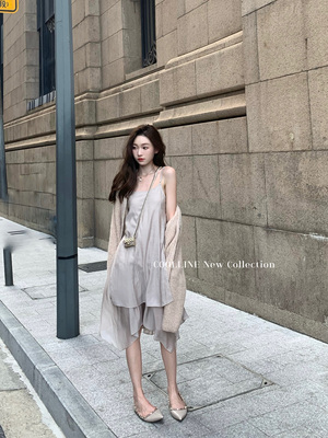 灰色小个子重工天丝优雅吊带裙
