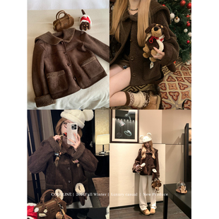 COOLLINE林子熙 巴黎童话  海军领双面羊羔毛拼接保暖时髦外套女