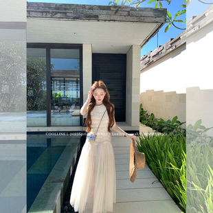 COOLLINE林子熙 美不自知 重工南法网纱编织度假无袖仙女连衣裙夏